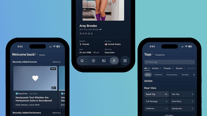 Three phone screens showing the Sticky Home page, a performer page and the Tags page, with a glass bar at the bottom of the screen