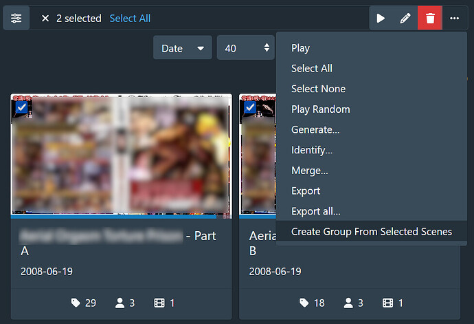 A screenshot of the Scenes listing page, showing a new "Create Group from Selected Scenes" menu item