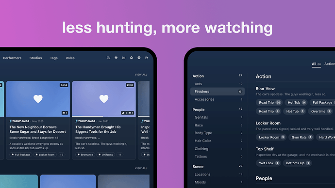 The Sticky home page with rows of scene cards, next to the Tags page grouped into categories like Action, People and Scene
