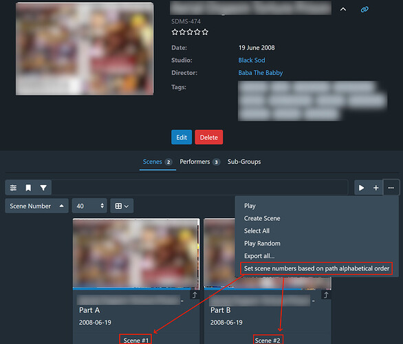 A screenshot of the scenes tab on a group page. The new "Set scene numbers based on path alphabetical order" menu item is highlighted.
