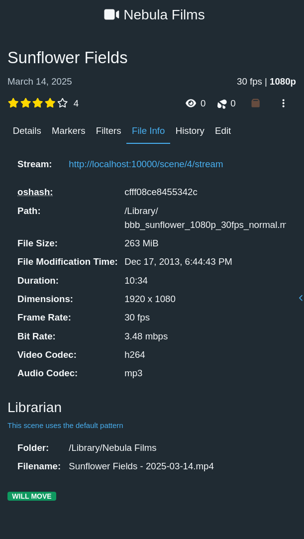 Scene File Info tab: Librarian's own block appended below Stash's native file details