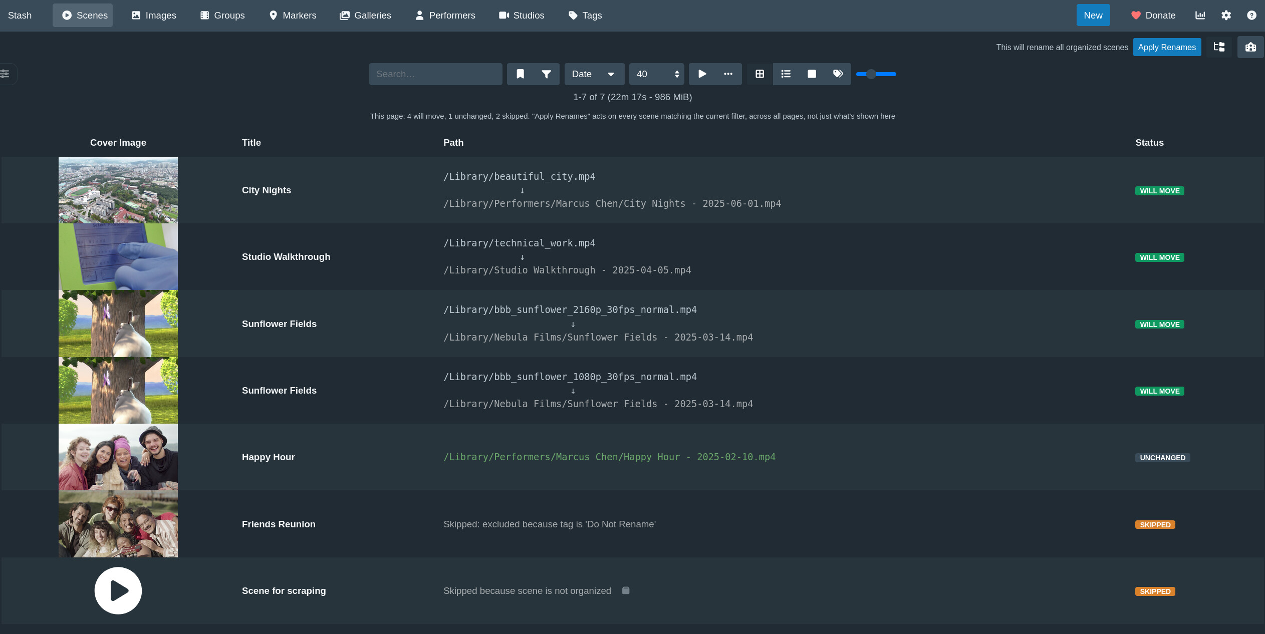 Scenes page filtered rename preview: old/new path comparison table