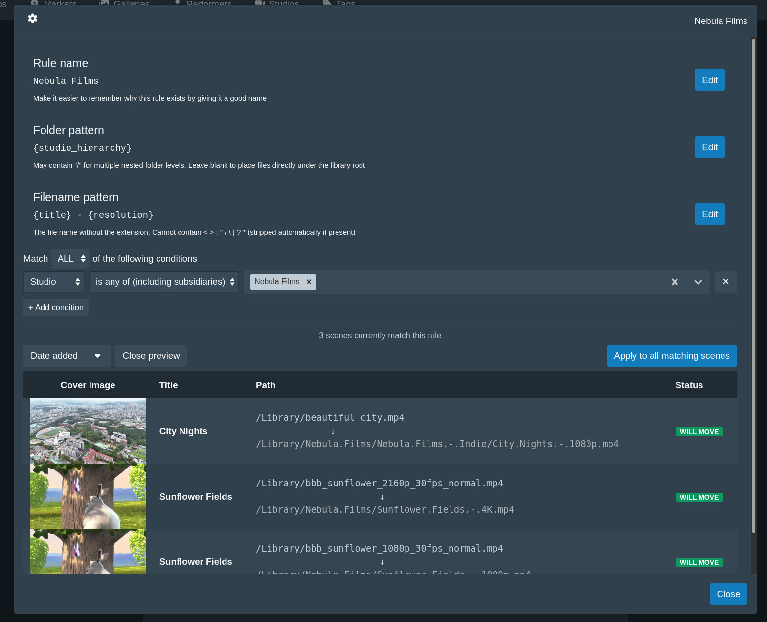 Rule editor modal: conditions, folder/filename patterns, and a live preview of matching scenes